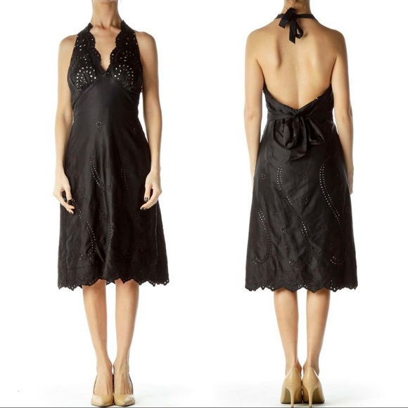 WHBM Dress Satin Halter Top Eyelet Lace Nude Lined Black Cocktail M 8 - Picture 1 of 15
